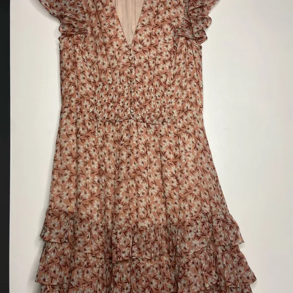 REBECCA TAYLOR Lucia Pink Floral Gold Metallic Dress Size 4 - Image 4