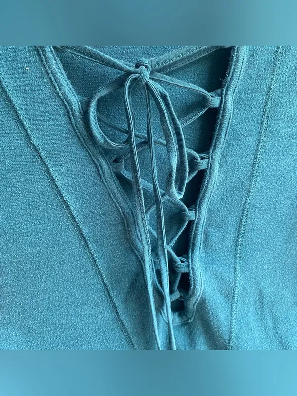 Free People teal knit long sleeve lace up V neck tee top retro Y2K boho peasant - Image 5