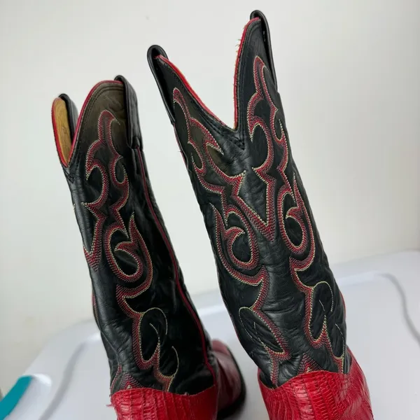 Vtg Nocona Red Black Lizard Leather Westerm Cowgirl Boots Sz 7B - Image 13