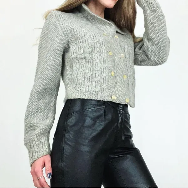 Vintage 100% Wool Double-Breasted Button-Front Hand-Knit Cardigan | Size S/M - Image 3