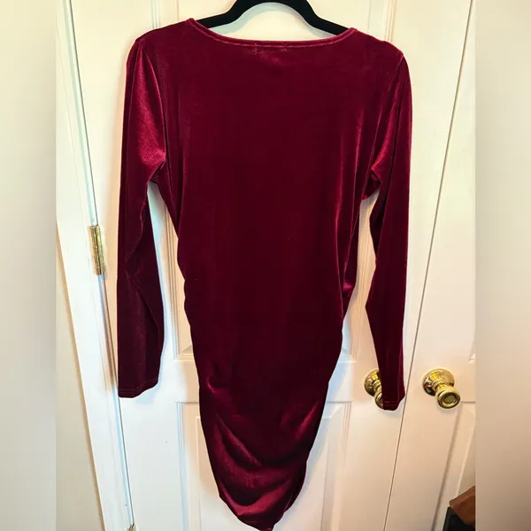 MYONE Red Velvet Wrap Dress Long Sleeve Ruched Bodycon Size L - Image 3