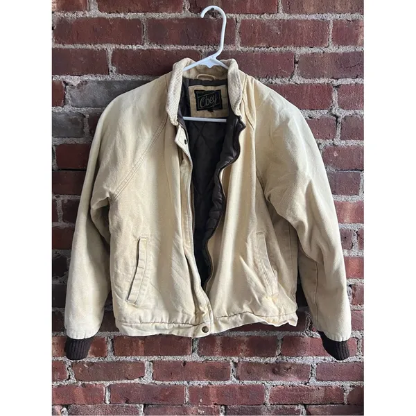 Obey Cream Canvas Bomber Jacket Corduroy Collar Brown Lining Short Women’s Sz M - Image 3