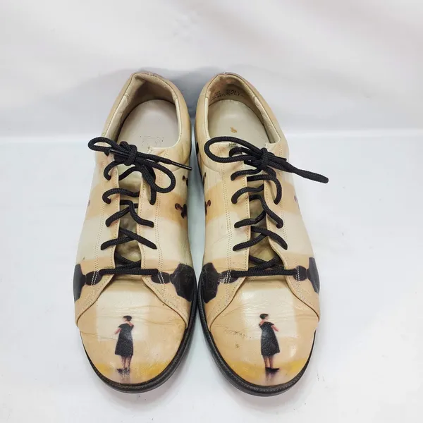 Icon Art Print Leather Oxford Shoes Womens 7.5 Beige‎ Gallery Lace Up USA Made - Image 2