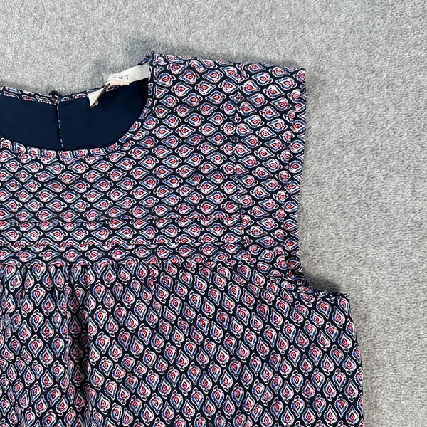 LOFT Women's Small Pleated Paisley Printed Blouse Navy Blue Round Neck Lined - Image 2