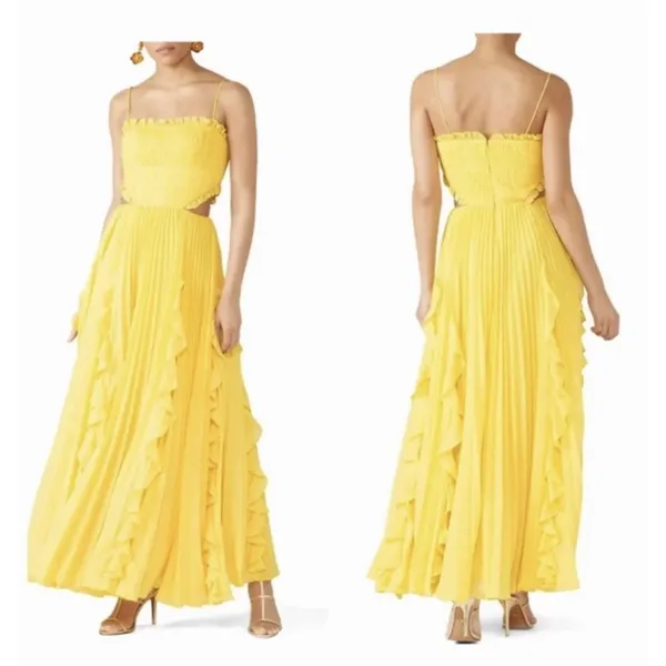 AMUR Maxi Dress Womens 6 Yellow‎ Pleated Cut-Out Ruffle Silk Chiffon Gown - Image 2