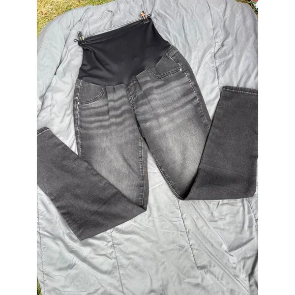 Maternity Skinny Jeans Over Belly Panel Faded Black Stretch Denim Pants - Image 2