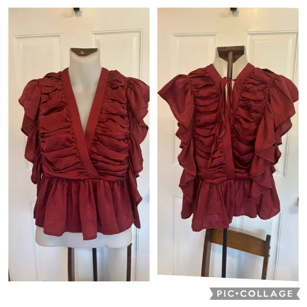 Large Entro solid burgundy ruched/ruffled peplum flutter sleeveless top. - Image 2