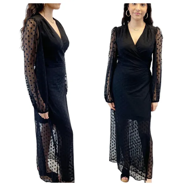 NEW Yumi Kim Womens‎ M Wicked Game Wrap Dress Black Swiss Dot Maxi Sheer Witchy - Image 2