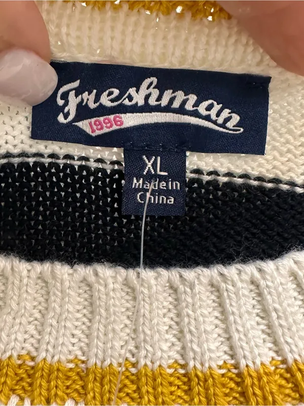 Freshman Black & Cream Striped Crewneck Sweater with Yellow Trim Women’s XL NWT - Image 4