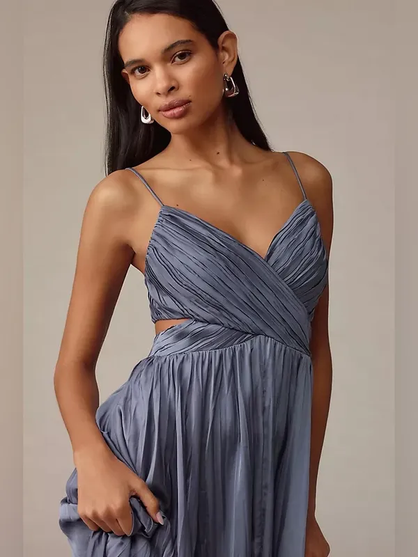 ASTR Capitola Pleated Blue Satin Midi Dress Large Wedding Guest Romantic Party - Image 5