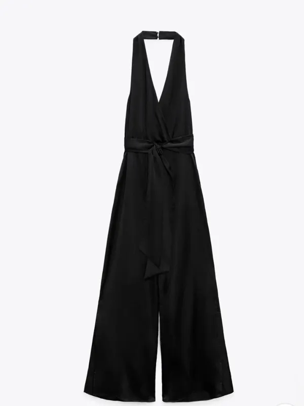 ZARA Jumpsuit Black V Neck Satin Effect Halter Wide Leg S - Image 7