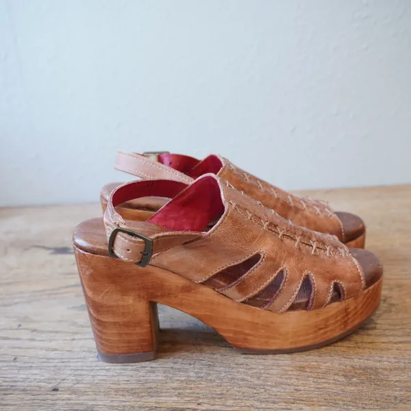 Bed Stu 6.5 Leather Platform Sandals Tan Excellent Stitch Wood Heel Boho Western - Image 2