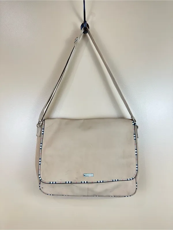 Burberry Fragrance Messenger Bag Tan Beige Plaid Trim Crossbody Adjustable - Image 2