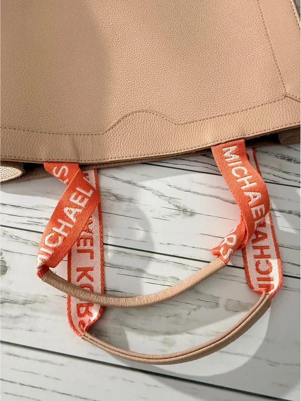 Michael Kors Large Taupe PVC Logo Strap North South Tote Bag Coral Gold - Image 10
