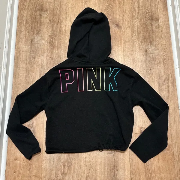 Pink Victoria's‎ Secret | Women's Black Rainbow Gradient Logo Cropped Hoodie, S - Image 2