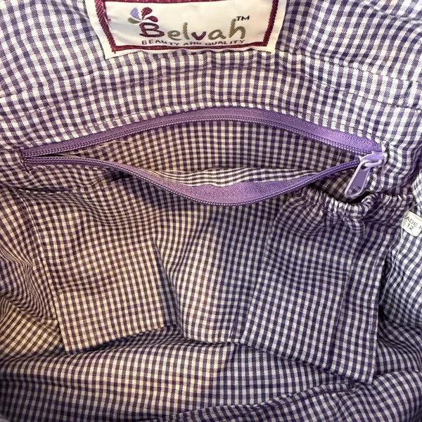 Belvah Purple Quilted Shoulder Bag Check Lining Zip Top Medium Tote Purse Casual - Image 9