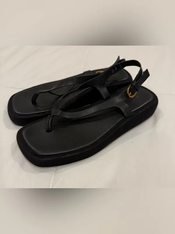 ZARA 1 Black Leather Flatform Thong Sandals Square Toe Slingback 38 / US 7.5 - Image 2
