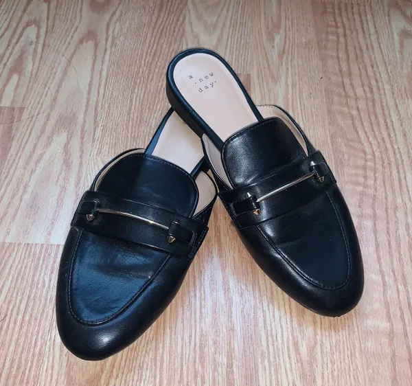 Women’s Black Slip On Mules Flats with Gold Buckle - Image 2