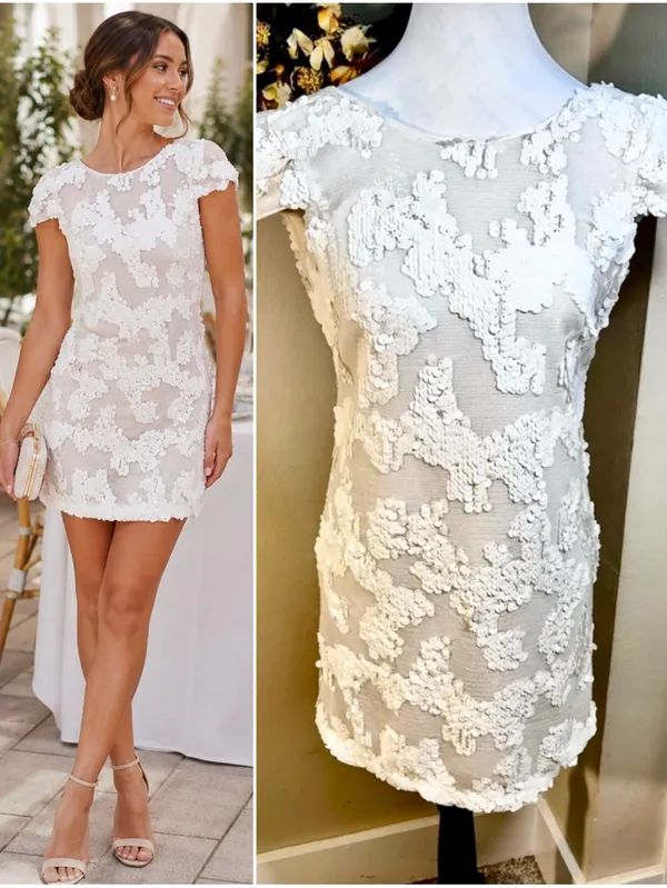 Dress the Population Brooke White Sequin Illusion Mesh Cap Sleeve Dress Sz XS💛 - Image 2