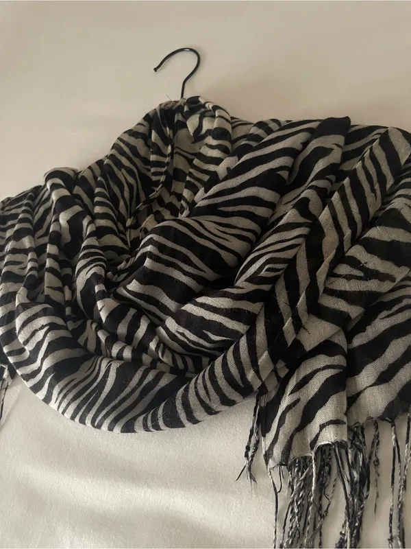 New York & Company Black and White Zebra-Striped Fringe Scarf - Image 4