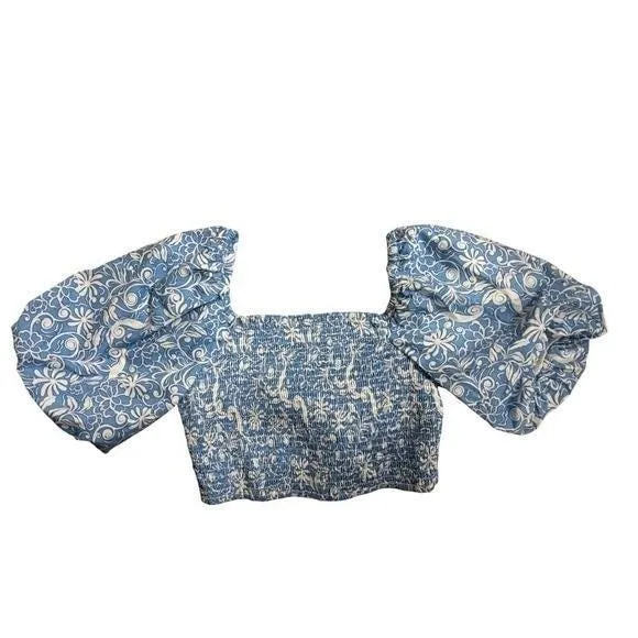 Japna Blue‎ White Floral Smocked Square Neck Crop Top Puff Sleeve Tie Front Sz M - Image 7