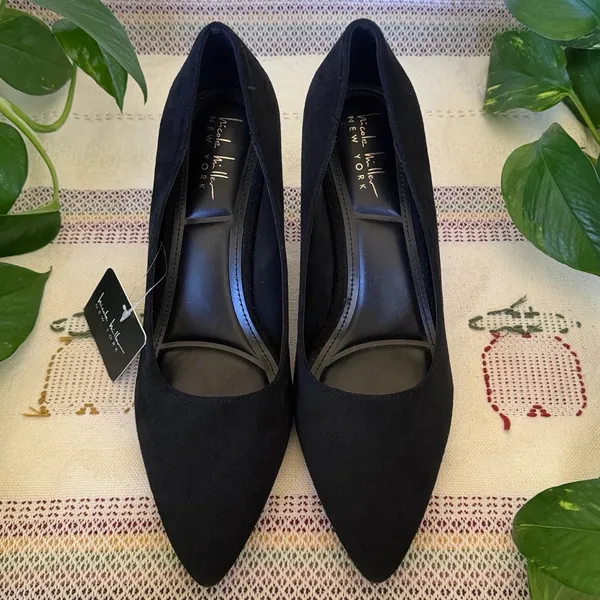 NEW Nicole Miller New York Black Faux Leather Suede Pointy Toe Heels, Size 10 - Image 6