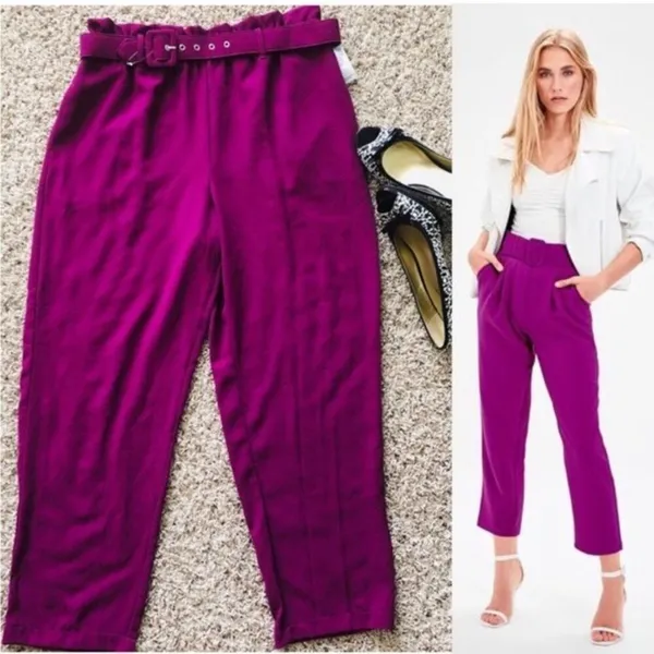June & Hudson Belted Paper Bag High-Waisted Pants in Fuschia, Size L EXCELLENT - Image 13