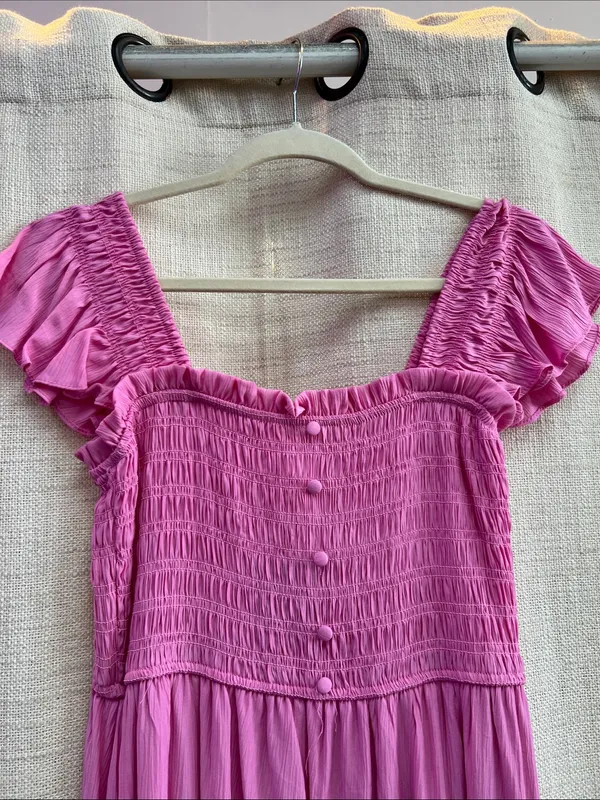 Mock Button Down Smocked Ruffle Detail Midi Dress Pink - Image 6