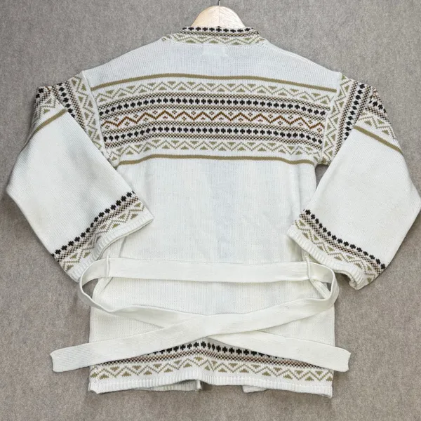 Glamour Knit Vintage Fair Isle Cardigan Sweater White Brown Geometric Belted M - Image 2