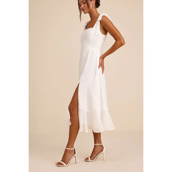 Lulus Summer Invite White Tie-Strap Tiered Midi Dress Wedding Bridal XL NWT - Image 4