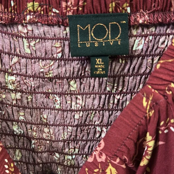 Mod Lusive Rayon Burgundy Floral Print Smocked Back Puff Sleeve Maxi Dress XL - Image 9