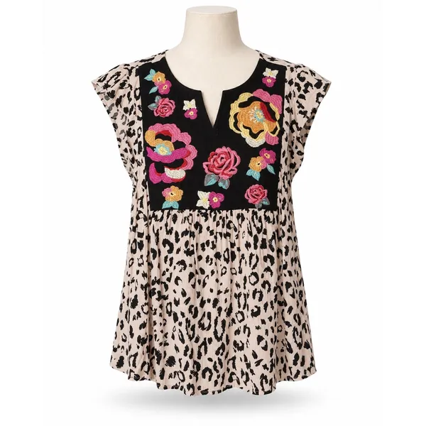 Savanna Jane Size L Blouse Leopard Print Embroidered Floral Top Boho Women's - Image 3