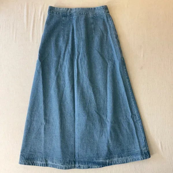 Retro Denim Maxi Skirt Womens Large Blue Button Front A-Line Boho - Image 3