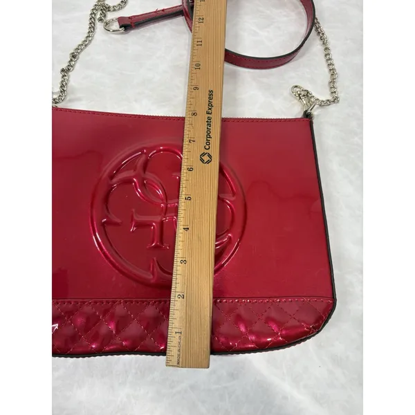 Guess Red Patent Quilted Crossbody‎ Bag Logo Embossed Chain Strap Purse Chain - Image 9