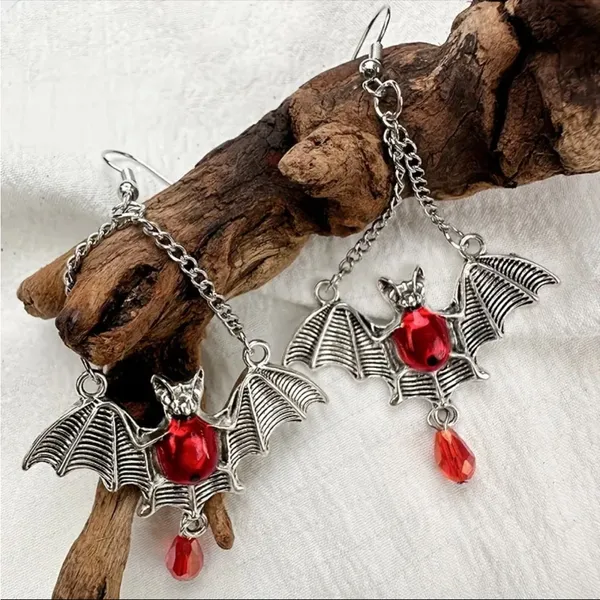 Gothic Bat Wing Vibrant Red Synthetic Gemstone Drop Earrings‎ Silver Plated - Image 9