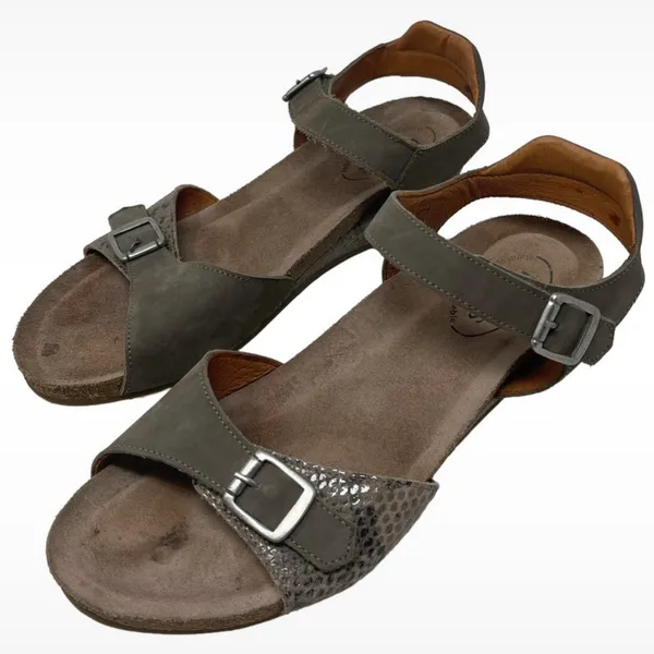 Taos “Traveler” Taupe Leather Wedge Sandals Hook & Loop Closure Women’s 8-8.5 - Image 4
