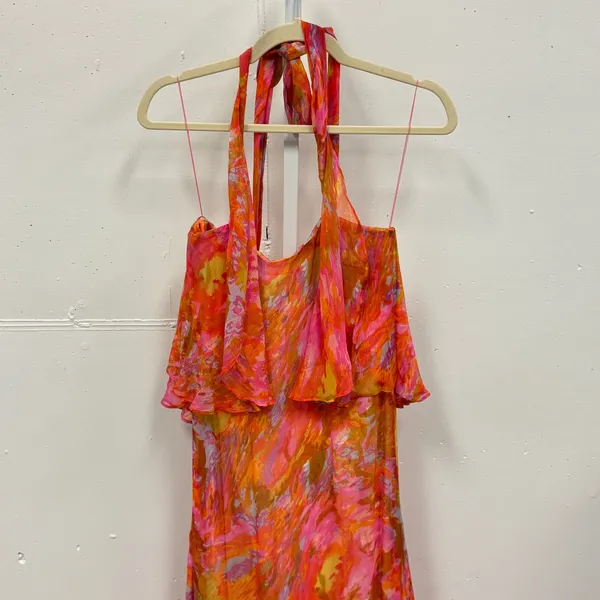Foley + Corinna Silk Halter‎ Maxi Dress Orange Watercolor Print XS Boho Abstract - Image 3