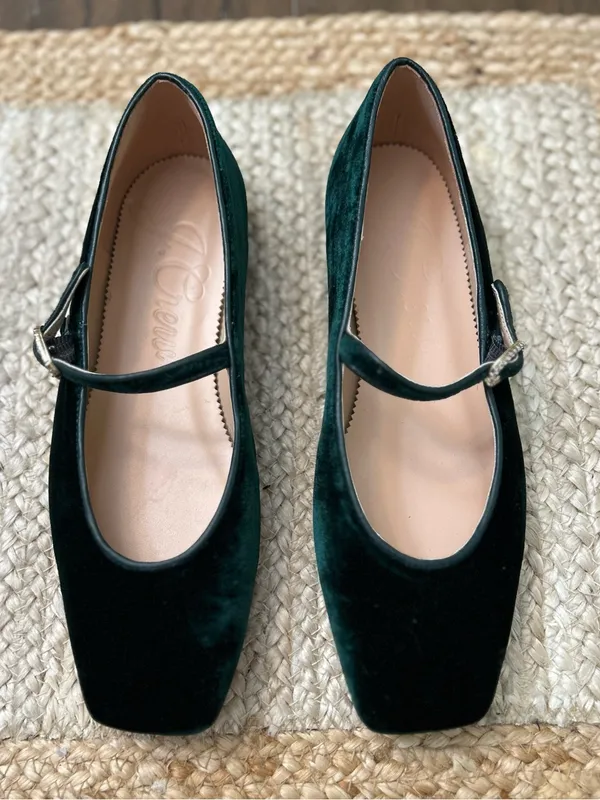 J. Crew Forest Green Velvet Anya Mary Jane Flats with Rhinestone Buckle Size 6 - Image 3