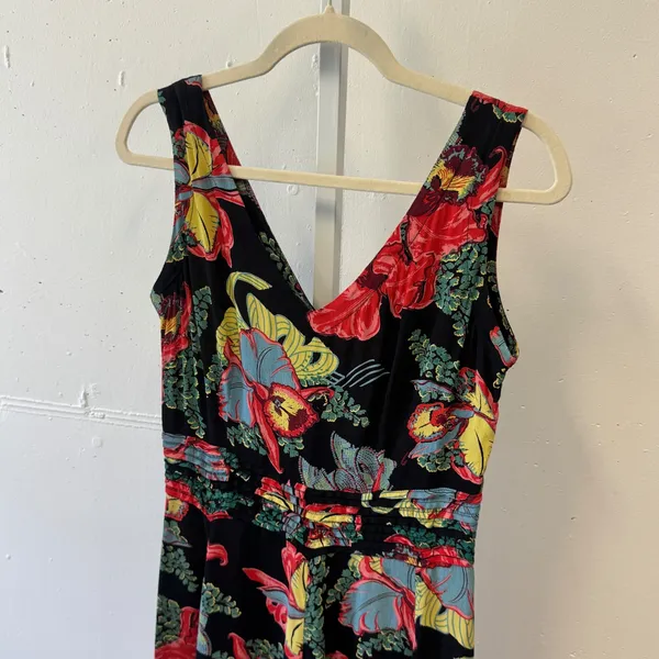 Vintage Kamellia by P.R. Tropical Floral V-Neck Smocked‎ Waist Midi Dress Small - Image 3