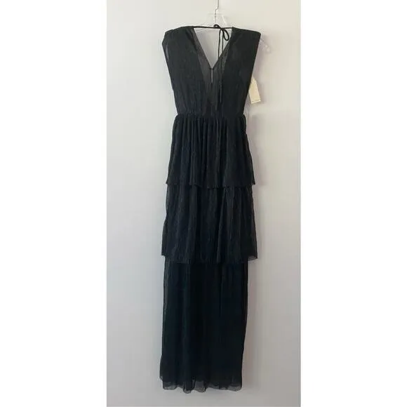 Melloday Black Metallic Plisse Tiered Maxi Dress Sleeveless V-Neck XS‎ New - Image 3
