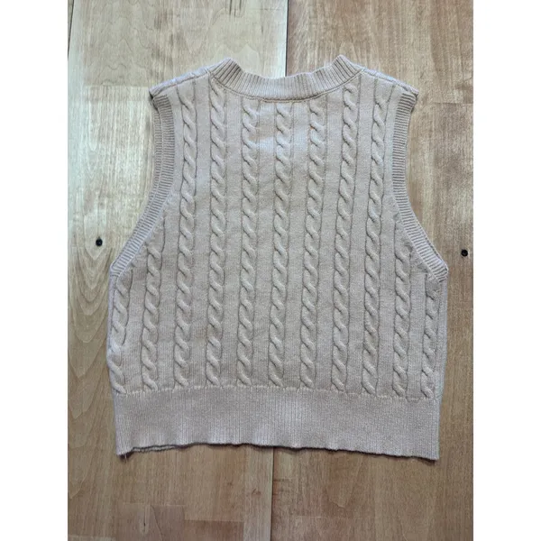 SHEIN‎ Womens Beige Cable Knit V-Neck Sweater Vest Size Medium Tan Sleeveless - Image 4