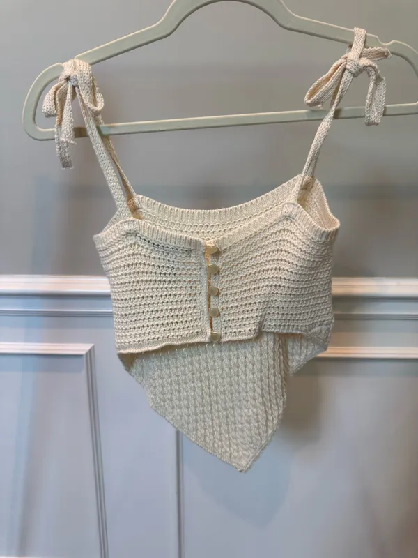 Urban Outfitters Crochet Handkerchief Hem Cami Top Ivory Tie Strap Button Back - Image 4