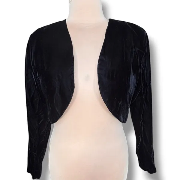 Vintage Black Velvet Bolero Shrug Cropped Jacket Gothic Evening Formal Witchy - Image 2