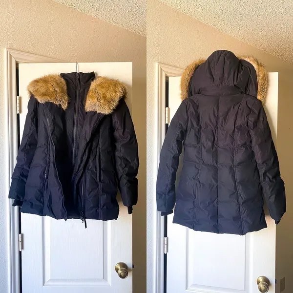 Aritzia Parka Goose Down‎ Asymmetrical Faux Fur Hood Fall Winter Black XXS GUC - Image 2