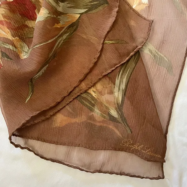 Vintage Ralph Lauren Floral Iris Print Autumnal Brown Silk Chiffon Long Scarf - Image 5