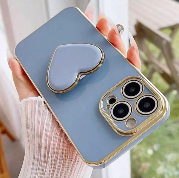 Light Blue Gold Heart Glossy Kickstand Back Case for Apple Smartphone Iphone 17 Pro - Image 2
