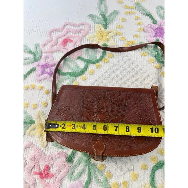 Vintage Hand‎ Tooled Leather Aztec Mayan Calendar Crossbody Saddle Bag Brown - Image 5