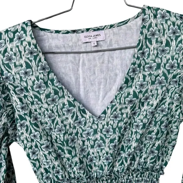 Olivia James Green Floral Long Sleeve midi dress vneck ruched waist S - Image 3