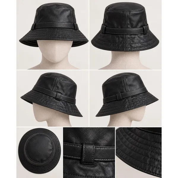VTG Coach Black Leather Bucket Hat P/S Belted Buckle Signature Lining Y2K - Image 3