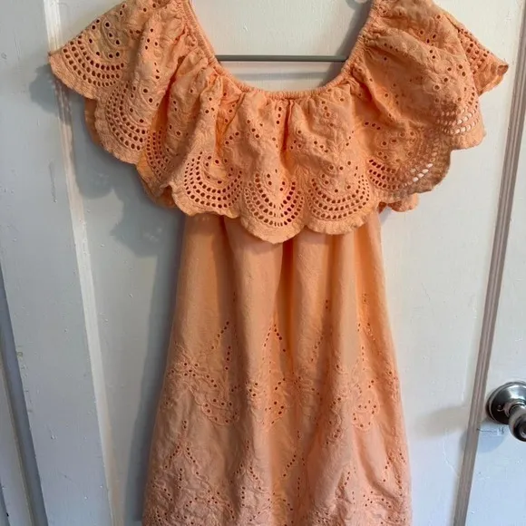 Eyelet Off Shoulder Dress Ruffle Sleeves Summer Casual Peach Mini - Image 5